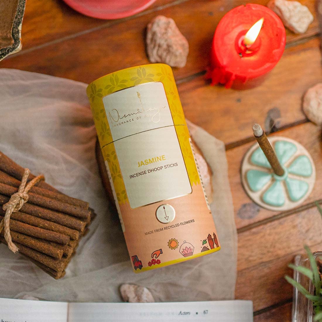 Nirmalaya 100% Natural Jasmine Dhoop Sticks for Pooja 40 Sticks | Bamboo Less Dhoop Sticks for Home/Office | Dhup for Puja with